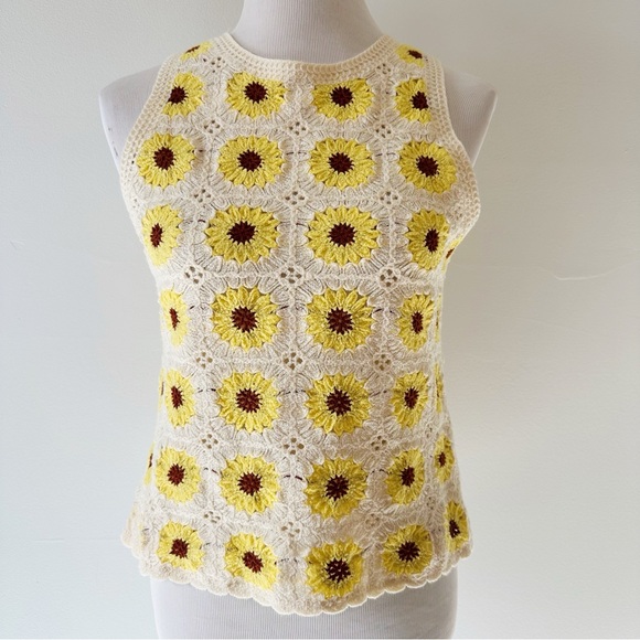 Rebellion Again Tops - Rebellion Again Crochet Tank Sunflowers Cream Yellow Small Boho Festival Granny